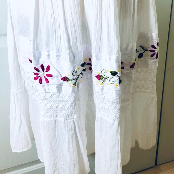 Mexican Off Shoulder Dress Floral Embroidered Lace Gauzy Cotton Size L - Picture 5 of 15